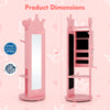 Free-standing pink full-length mirror and jewelry armoire with storage shelves, perfect for kids' rooms.