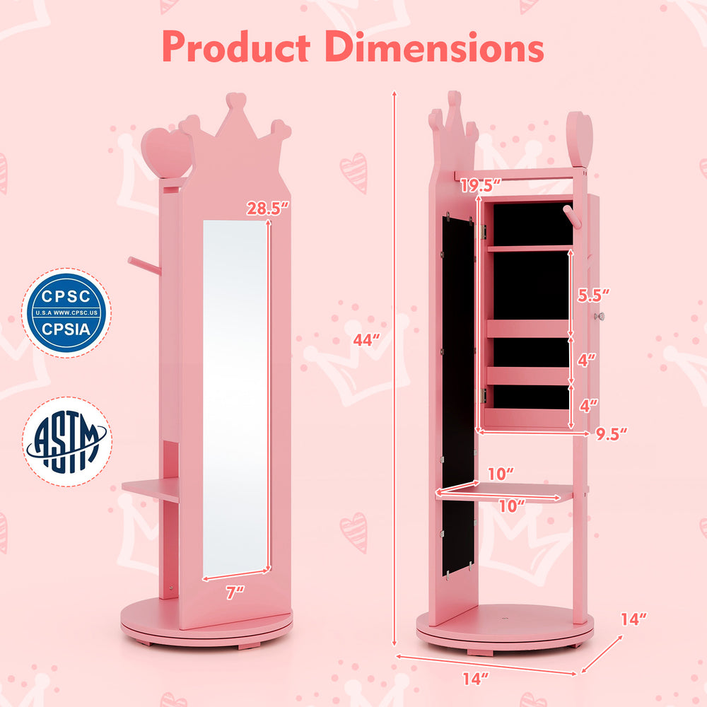 Free-standing pink full-length mirror and jewelry armoire with storage shelves, perfect for kids' rooms.