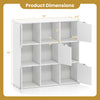 Nine-cube storage bookcase in white features open and enclosed storage, ideal for home and office organization.
