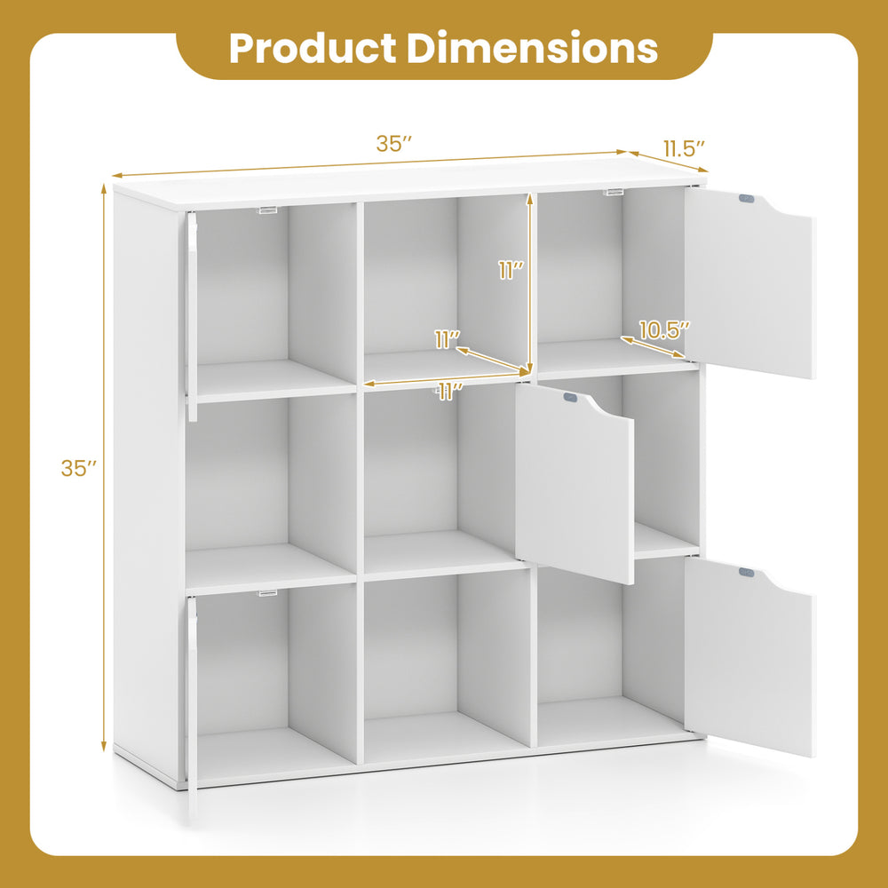 Nine-cube storage bookcase in white features open and enclosed storage, ideal for home and office organization.