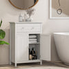 Free standing bathroom storage cabinet featuring an open door view with neatly stacked towels and stylish bathroom.