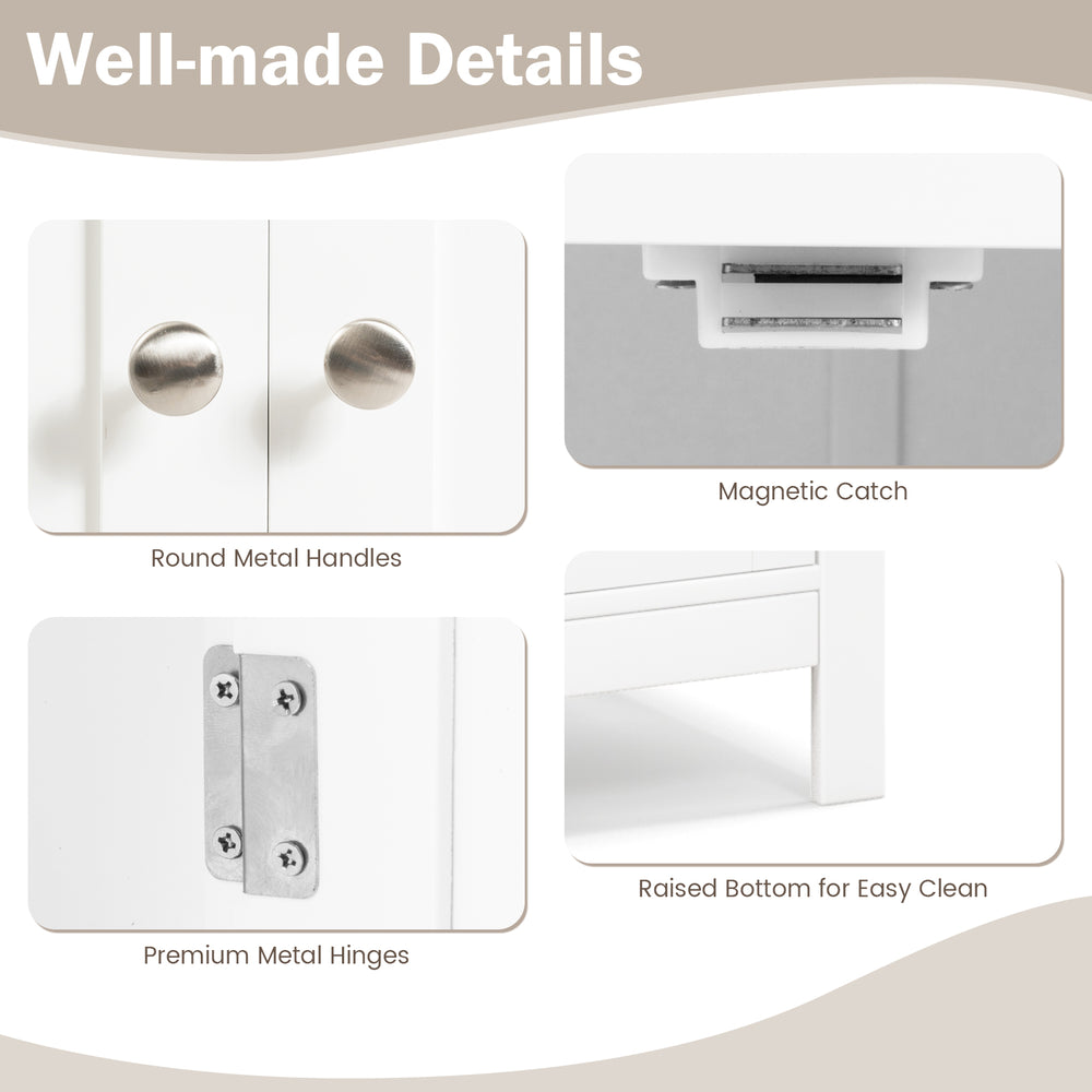 Close-up of the Free Standing Bathroom Storage Cabinet details, featuring round metal handles and premium metal hinges.