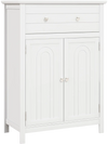 Free standing bathroom storage cabinet in white with large drawer and two doors, perfect for organized storage.