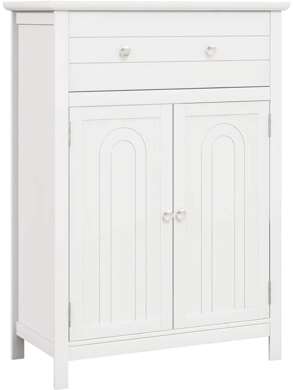Free standing bathroom storage cabinet in white with large drawer and two doors, perfect for organized storage.