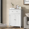 Free standing bathroom storage cabinet in white with large drawer and two doors, perfect for organizing any space.