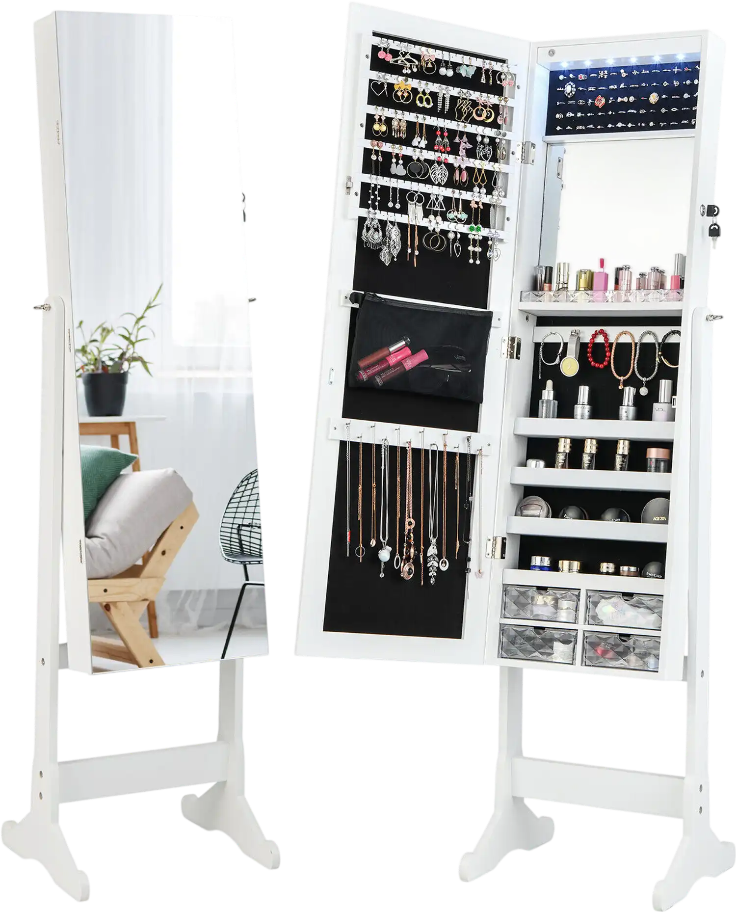 Costway Full Length LED Jewelry Armoire White 75891326 New