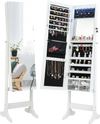 Free standing jewelry armoire in white with LED lights, full-length mirror, and spacious storage for various jewelry.