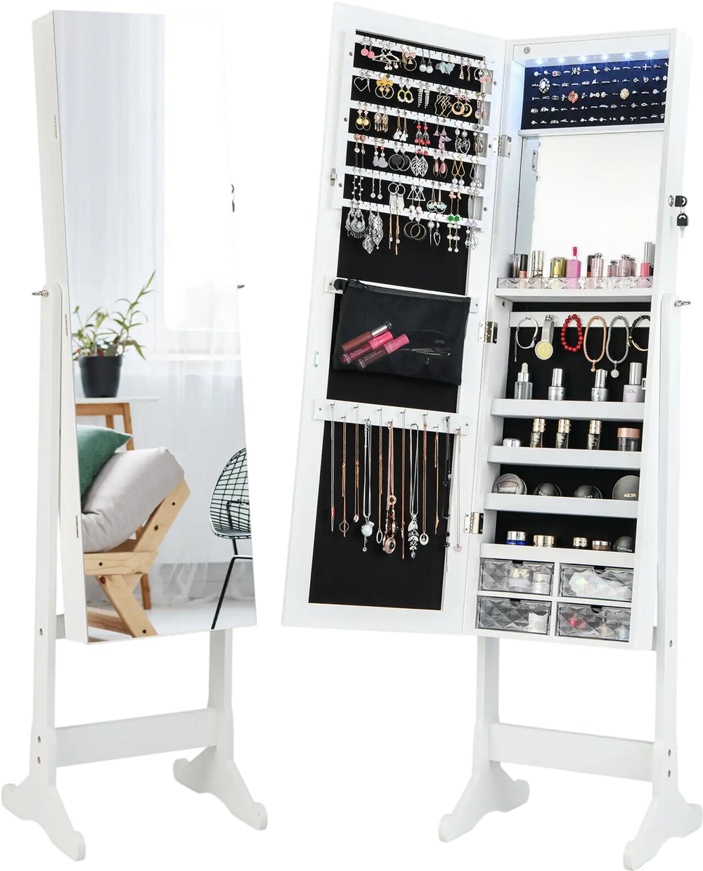 Free standing jewelry armoire in white with LED lights, full-length mirror, and spacious storage for various jewelry.