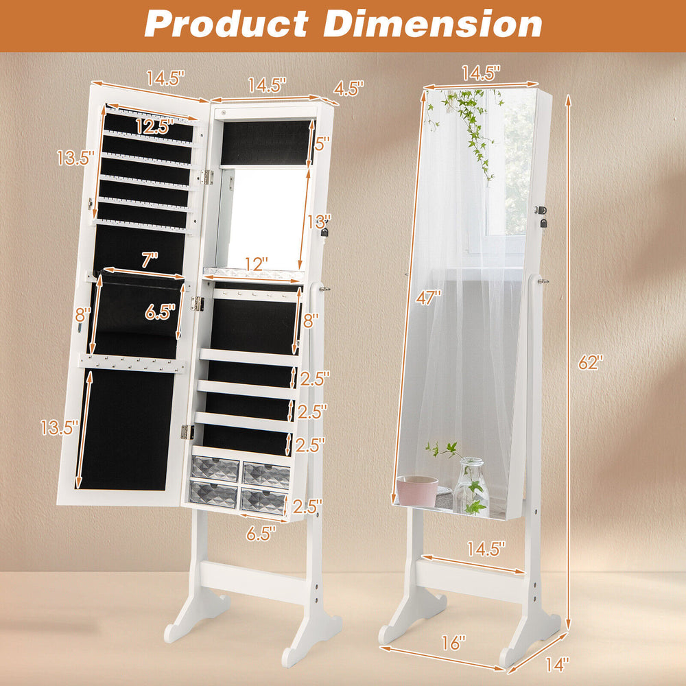 Free standing white jewelry armoire with LED lights, full-length mirror, and spacious storage for various jewelry items.