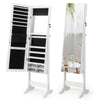 Free standing white jewelry armoire with full-length mirror, LED lights, and spacious storage for various jewelry items.