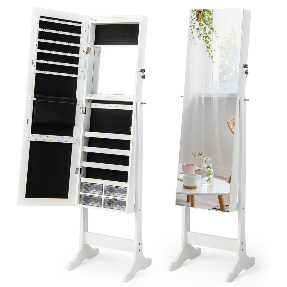 Free standing white jewelry armoire with full-length mirror, LED lights, and spacious storage for various jewelry items.