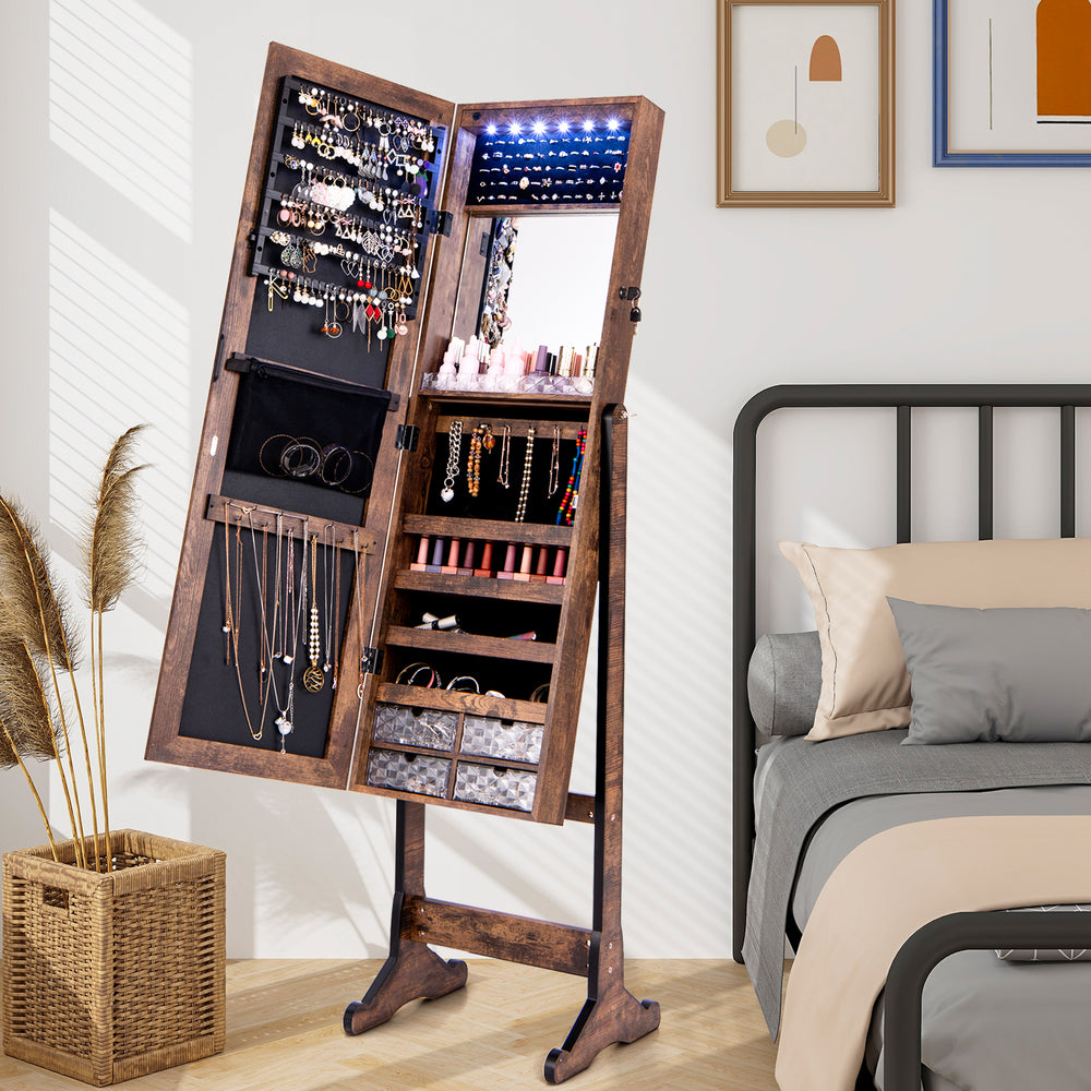 Free Standing Full Length Jewelry Armoire with Lights-Rustic Brown - Gallery View 1 of 10