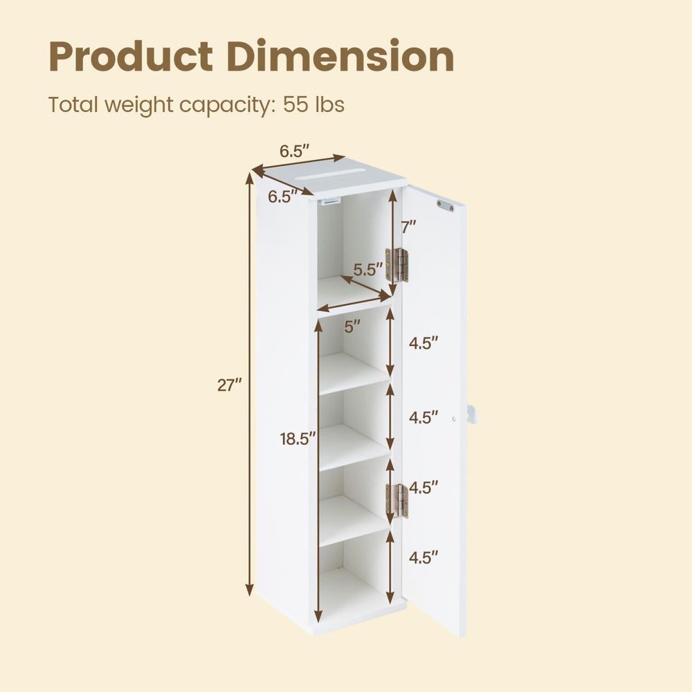 Dimensions of the white free-standing toilet paper holder with 4 shelves, ideal for compact bathroom storage.