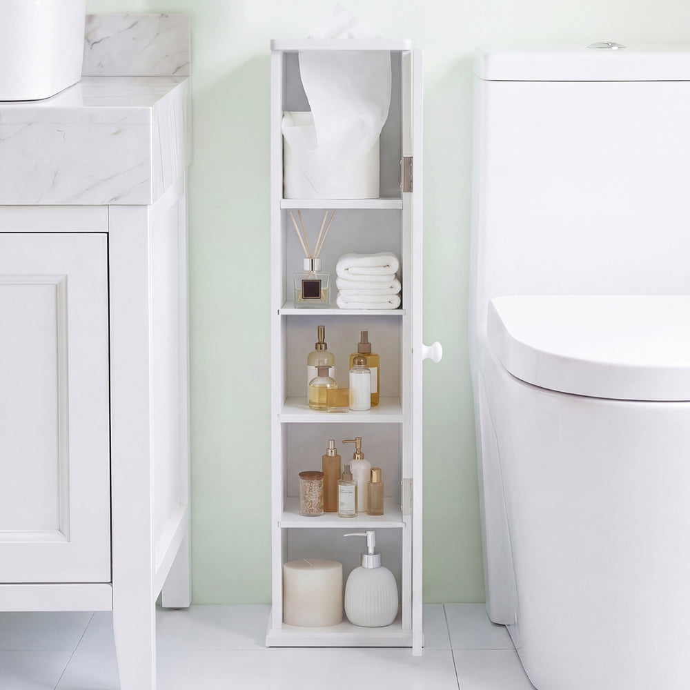 Free standing toilet paper holder in white with 4 shelves, perfect for compact bathroom storage and organization.