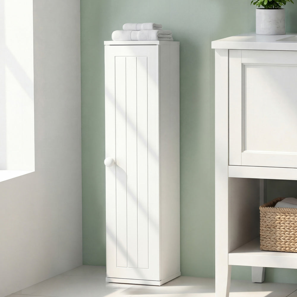 Free standing white toilet paper holder with 4 shelves, compact design for bathroom storage and easy access.
