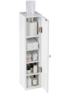 Free standing white toilet paper holder with 4 shelves, compact design for bathroom storage and organization.
