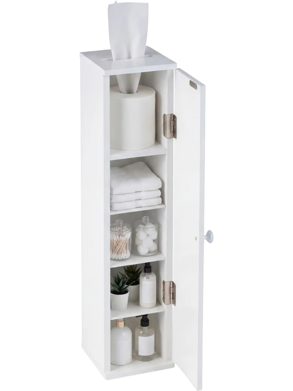 Free standing white toilet paper holder with 4 shelves, compact design for bathroom storage and organization.