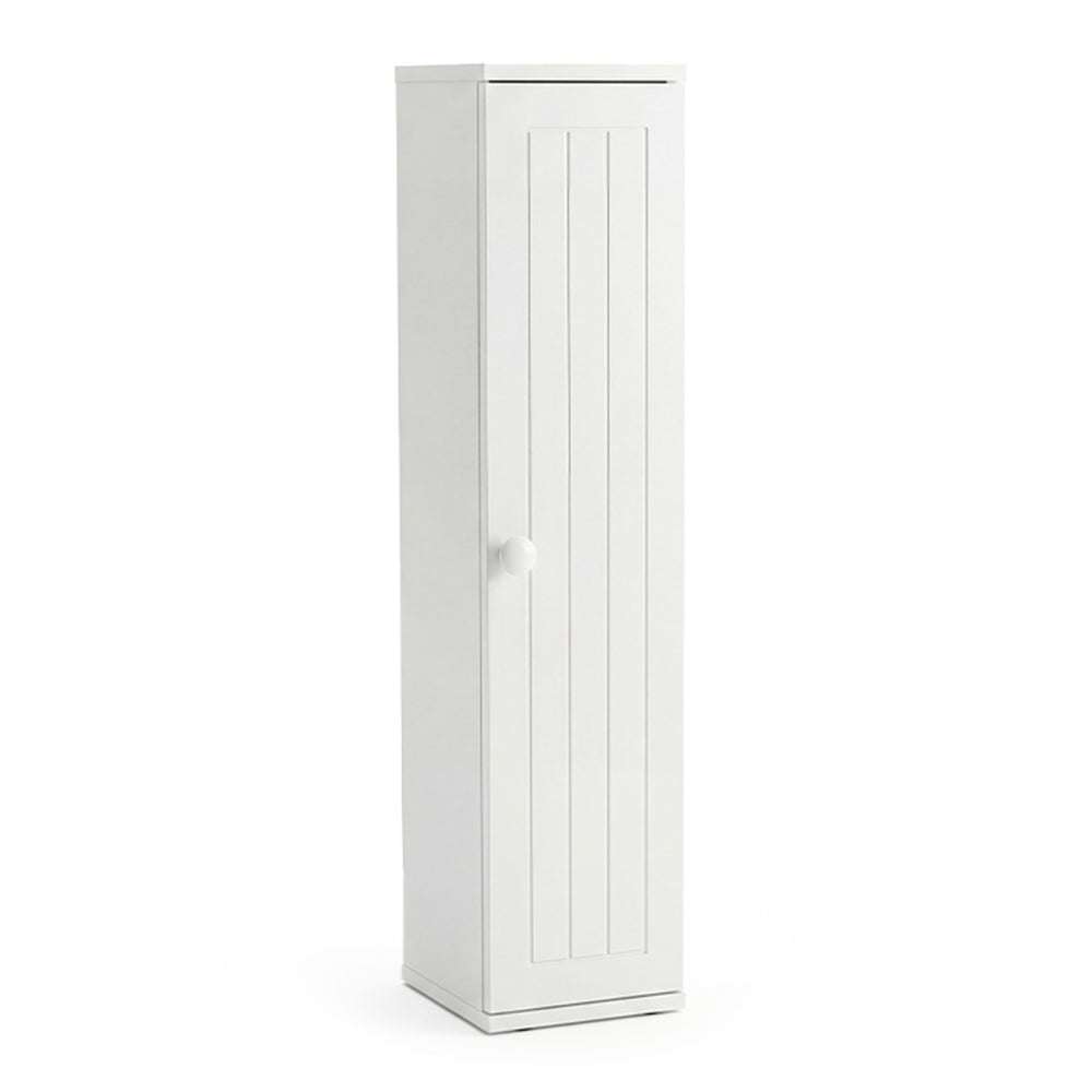 Free standing white toilet paper holder with 4 shelves and top slot, perfect for compact bathroom storage.