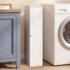 Narrow white free-standing toilet paper holder with a hinged door and 4 shelves, ideal for organized bathroom storage.