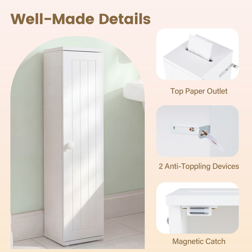 Free standing white toilet paper holder with 4 shelves, compact design for bathroom storage, featuring a top paper.