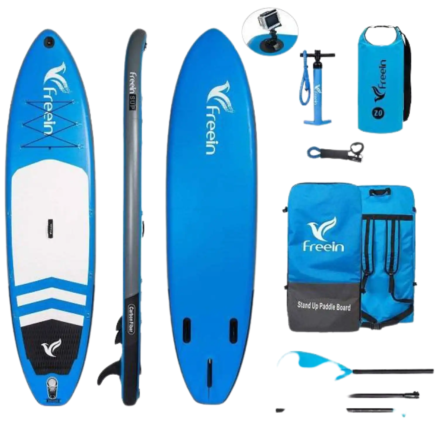 Freein 11' Explorer Inflatable SUP Stand Up Paddle Board Package Dual Action Pump Camera Mount Blue New