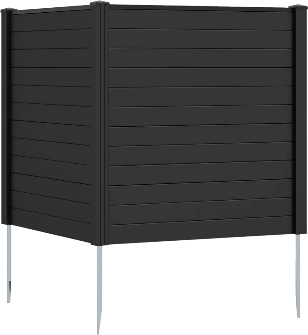 Freestanding black air conditioner fence with metal ground stakes, providing privacy for outdoor items and easy.