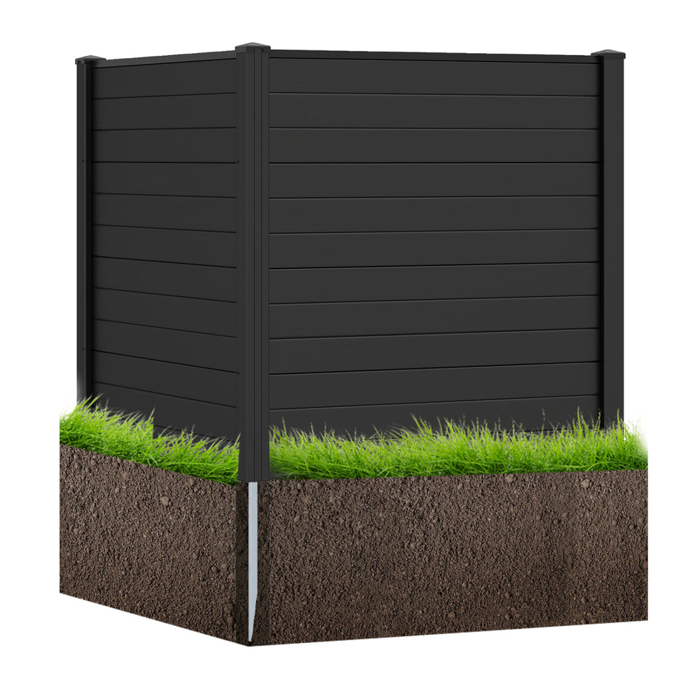 Freestanding black air conditioner fence with metal stakes, designed for privacy and stability in outdoor spaces.