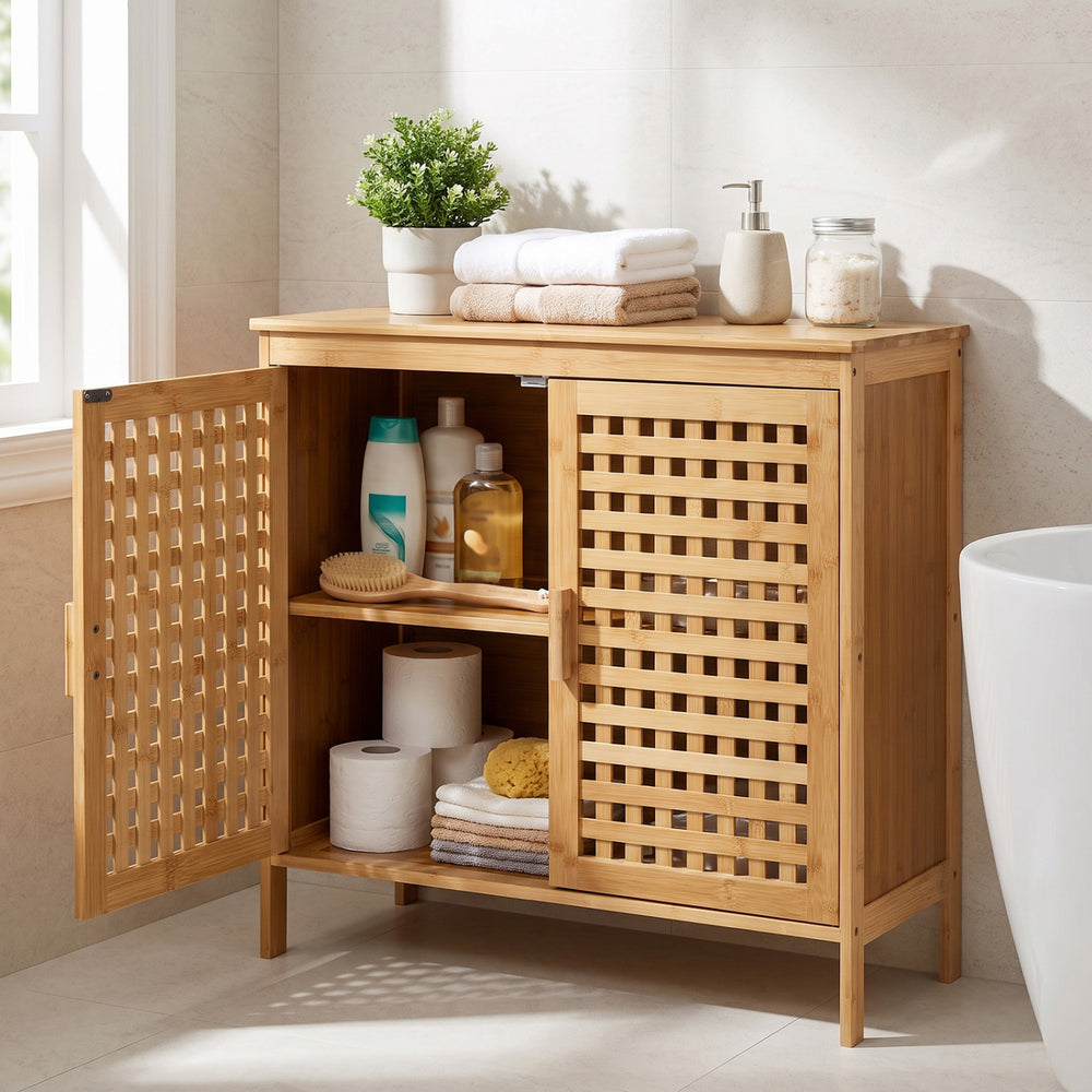 Bamboo bathroom storage cabinet with 2 doors features a ventilated design, sturdy construction, and elevated legs for durability.