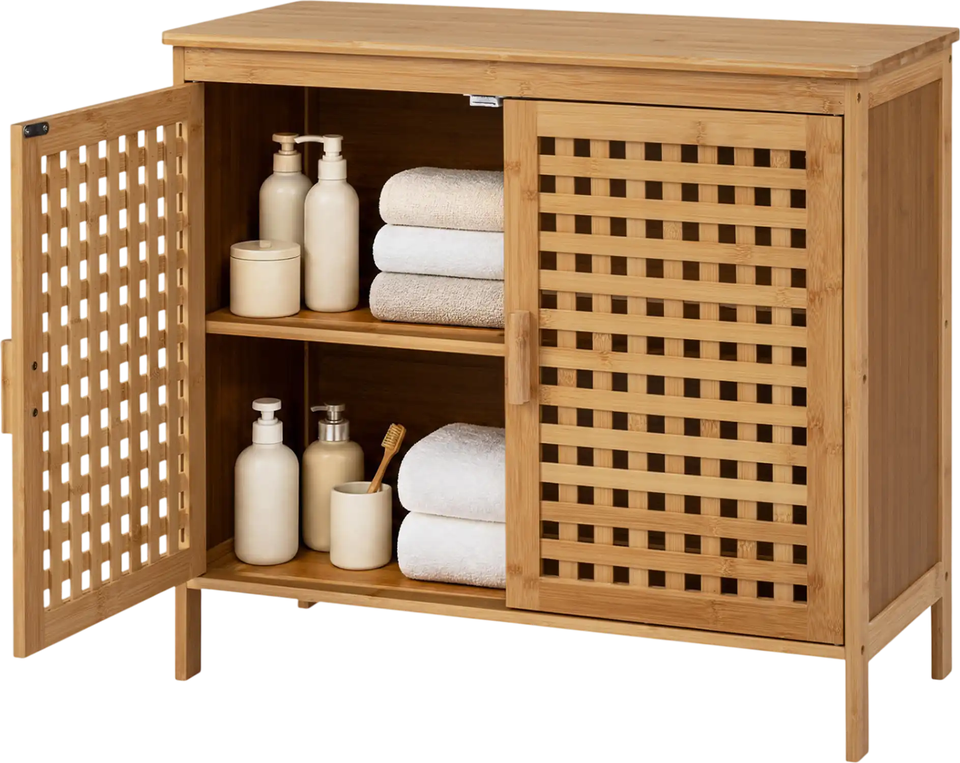 Costway Freestanding Bamboo Bathroom Storage Cabinet 2 Doors Wide Top 41010237 New