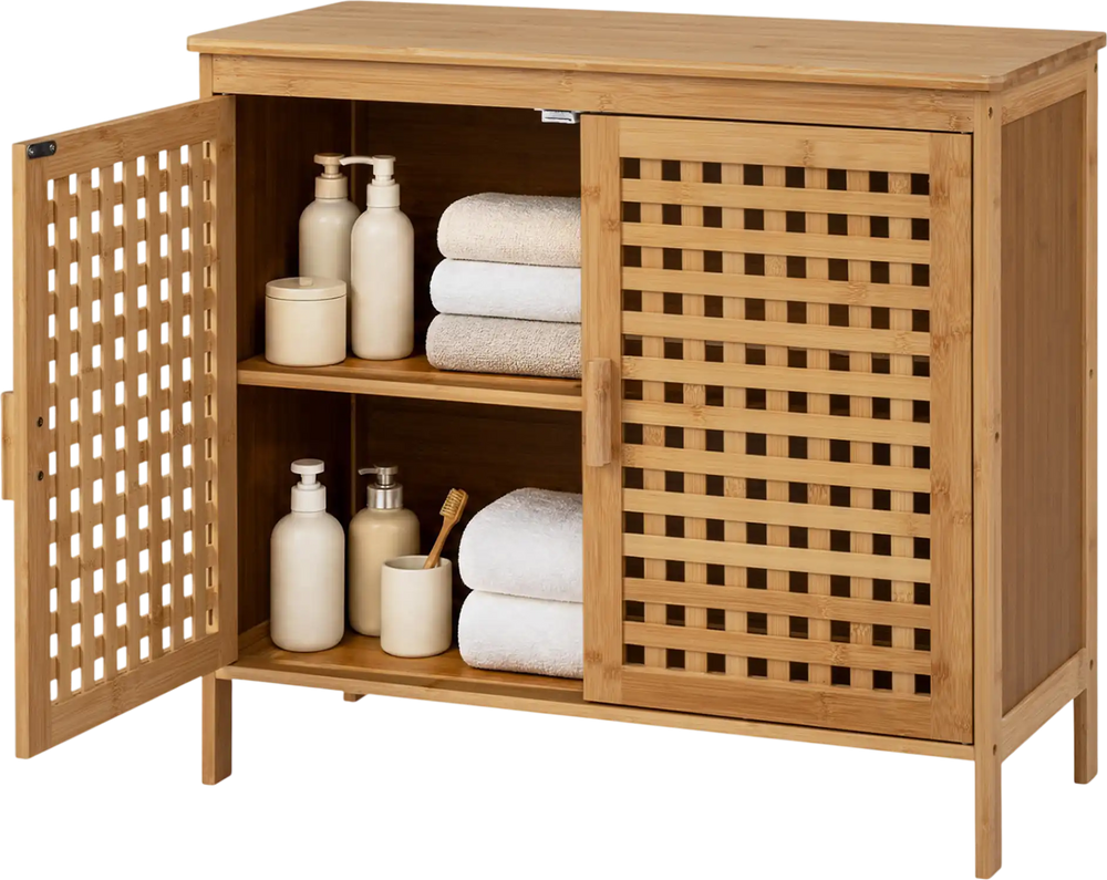 Bamboo bathroom storage cabinet with two doors, featuring ventilated hollowed-out doors and a sturdy design for towels and decor.