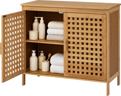 Costway Freestanding Bamboo Bathroom Storage Cabinet 2 Doors Wide Top 41010237 New