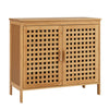 Bamboo bathroom storage cabinet with 2 doors, ventilated design, sturdy construction, ideal for towels and decorations.