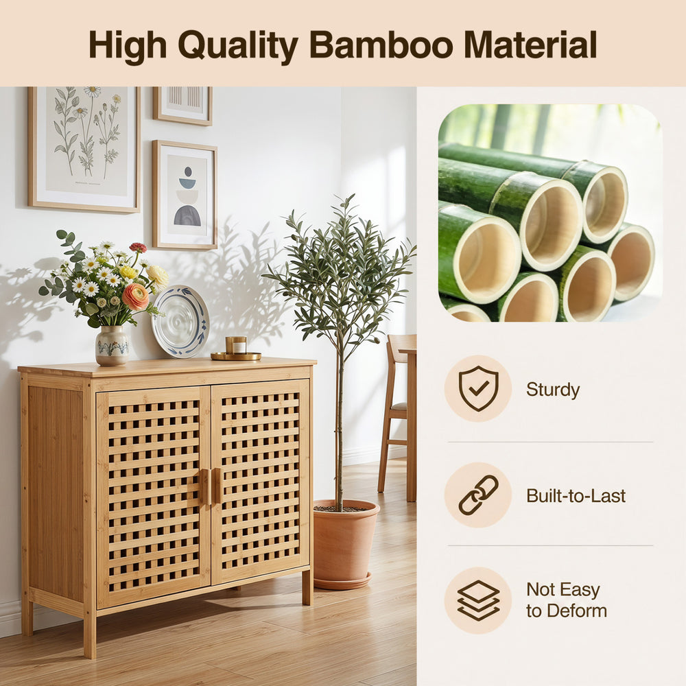 Bamboo bathroom storage cabinet with 2 doors, sturdy design, ventilated hollowed-out doors, and easy-to-clean surface.