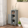 Gray bathroom storage organizer with a two-tier cabinet, featuring adjustable shelves and a spacious top surface for.