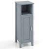 Gray bathroom storage organizer featuring a two-tier cabinet and open compartment for easy access to essentials.