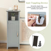 Gray bathroom storage organizer with a two-tier cabinet, featuring an anti-toppling device for added safety and.