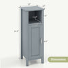Gray bathroom storage organizer with dimensions, featuring a two-tier cabinet and open compartment for easy access.