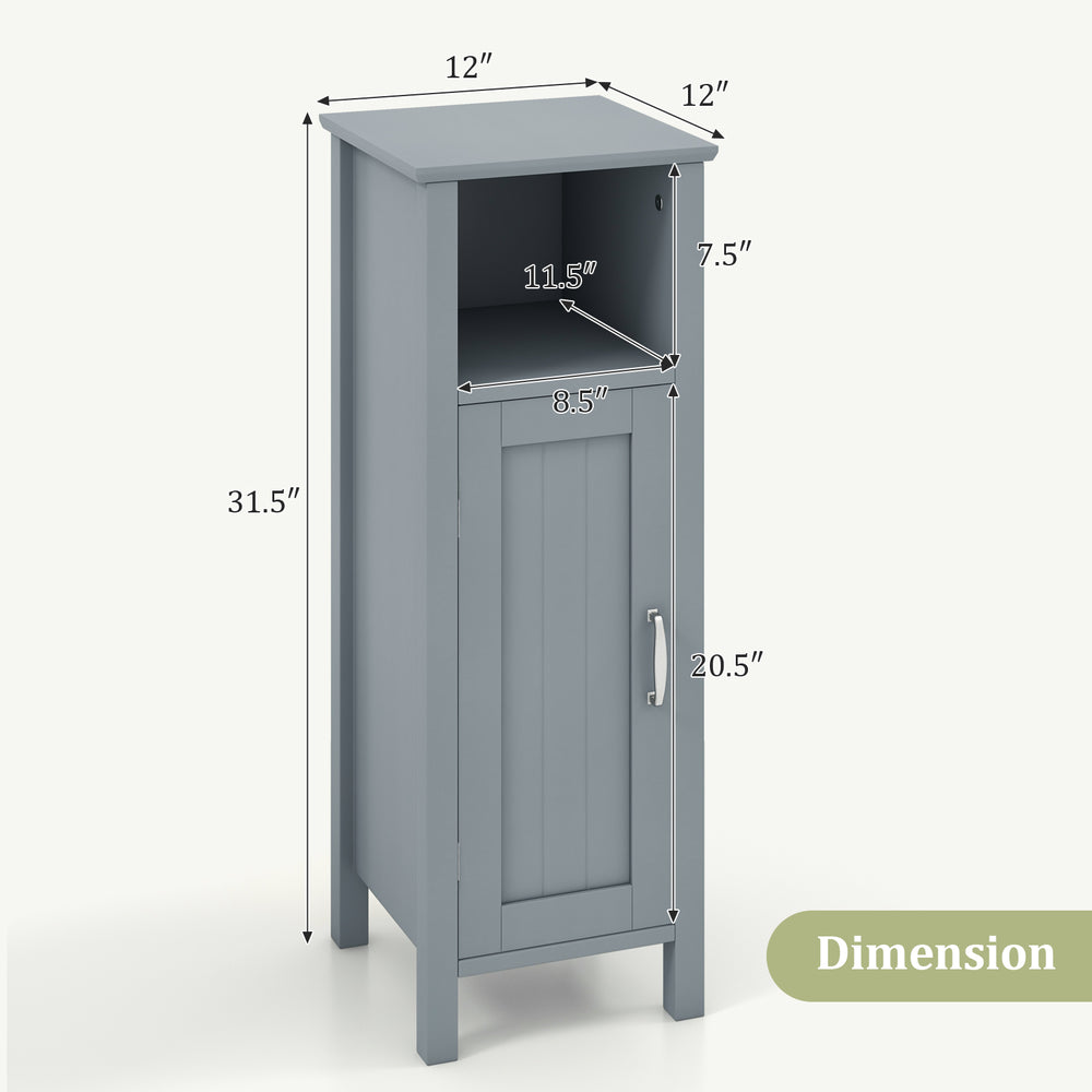 Gray bathroom storage organizer with dimensions, featuring a two-tier cabinet and open compartment for easy access.