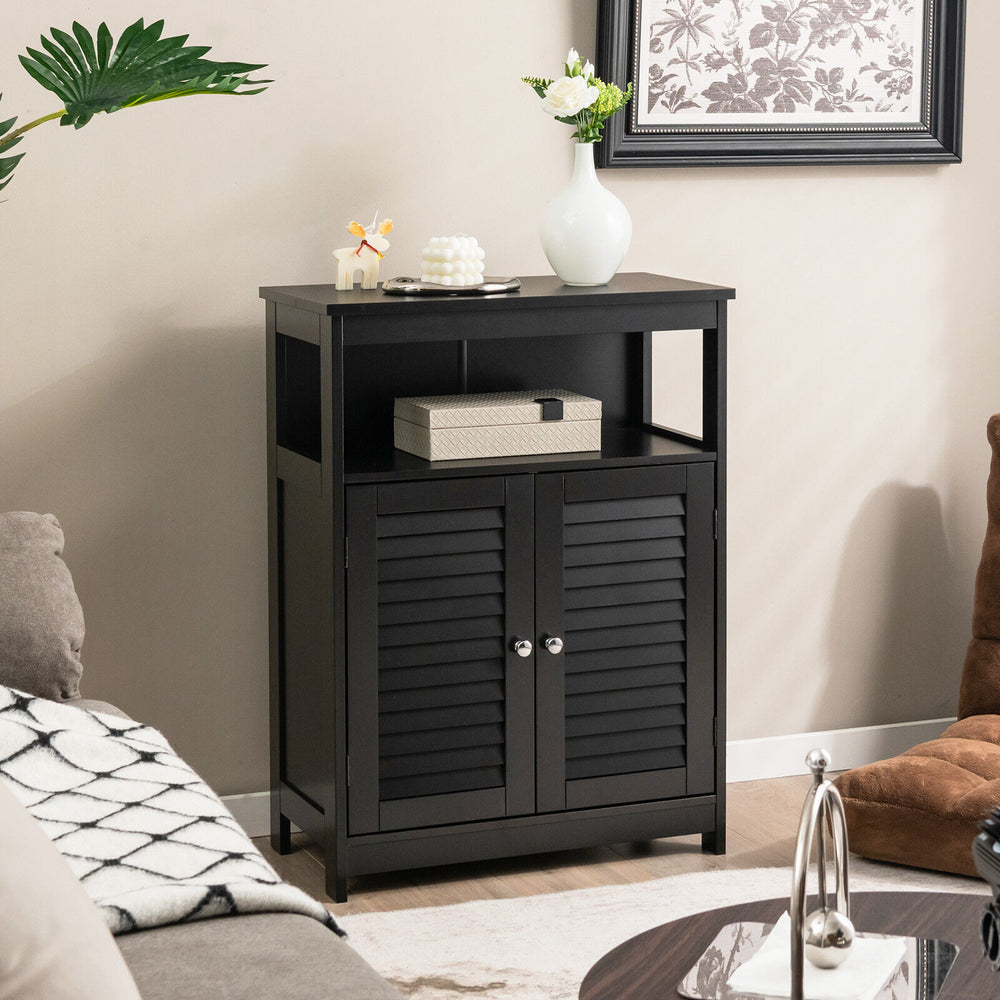 Wood Freestanding Bathroom Storage Cabinet with Double Shutter Door-Black - Gallery View 1 of 10