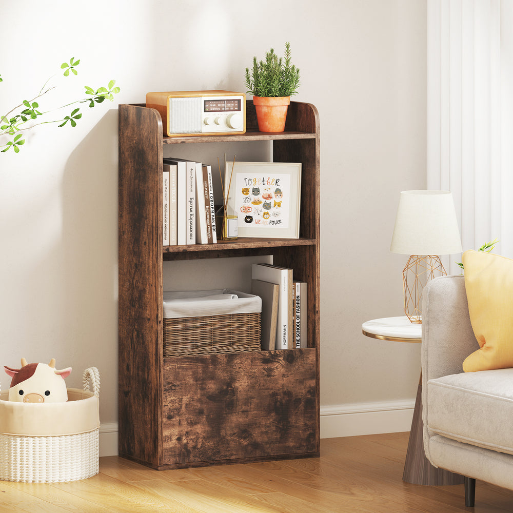 Freestanding bookshelf in rustic brown with 3 open shelves and a large drawer, perfect for living room or office.