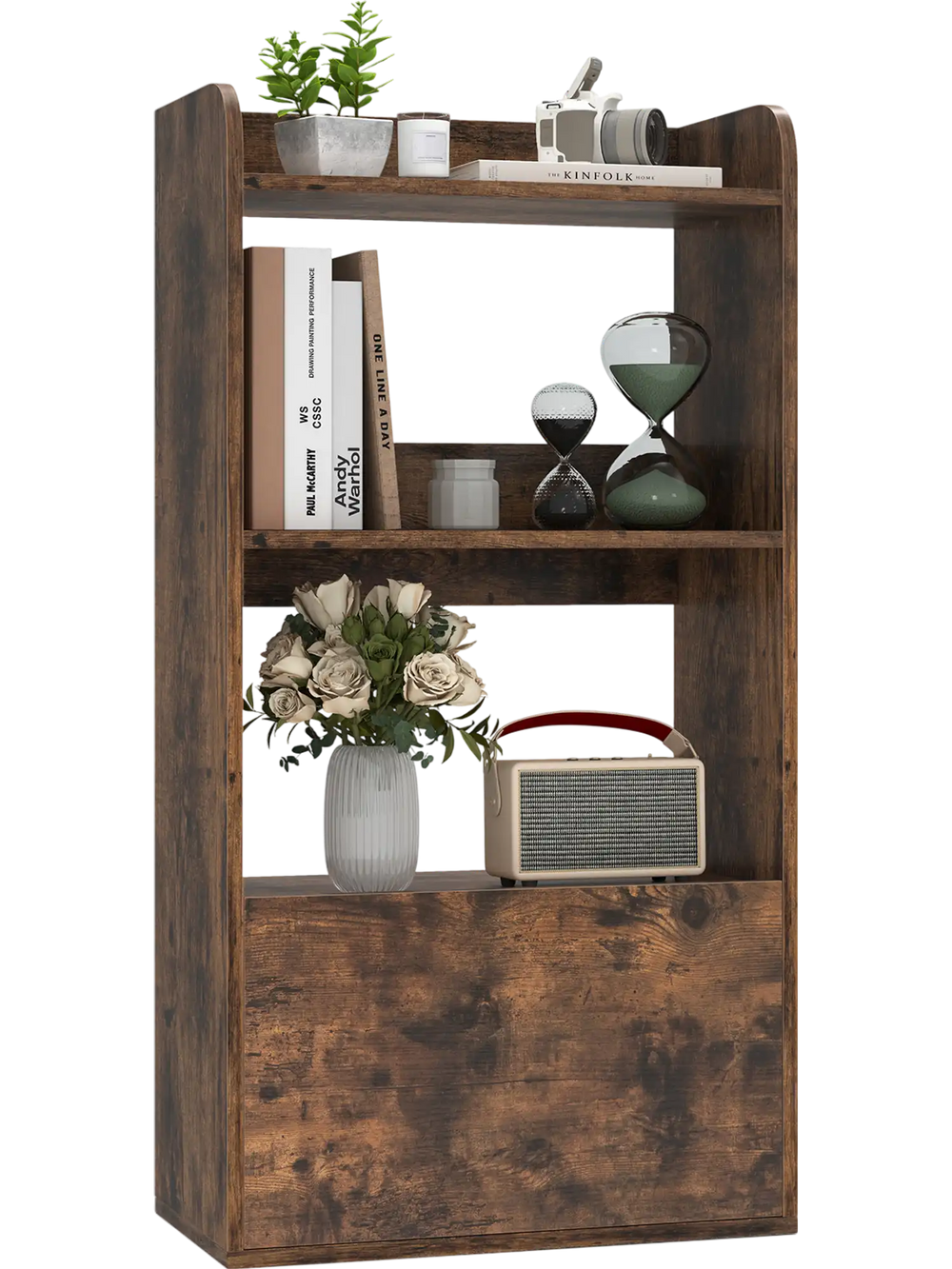 Freestanding bookshelf in rustic brown with 3 open shelves and a large drawer, perfect for living room or office use.