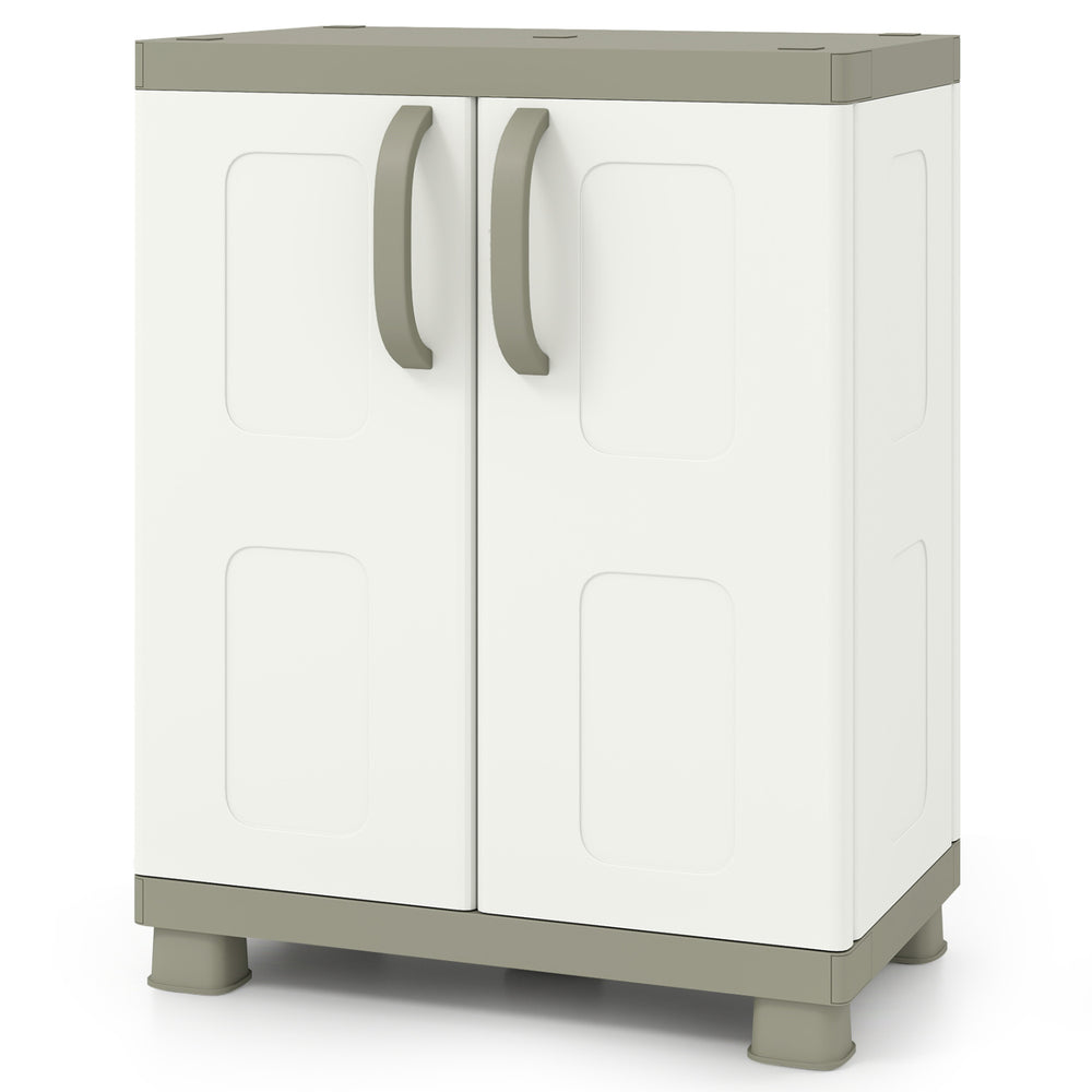 Freestanding buffet cabinet in beige with 2 doors and adjustable shelves, ideal for kitchen and garage storage.