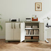 Freestanding beige buffet cabinet with open doors displaying adjustable shelves, perfect for versatile storage.