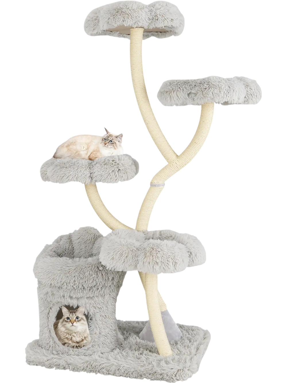 Gray cat tower featuring a cozy hideaway and plush surfaces, perfect for climbing, resting, and playful cats.