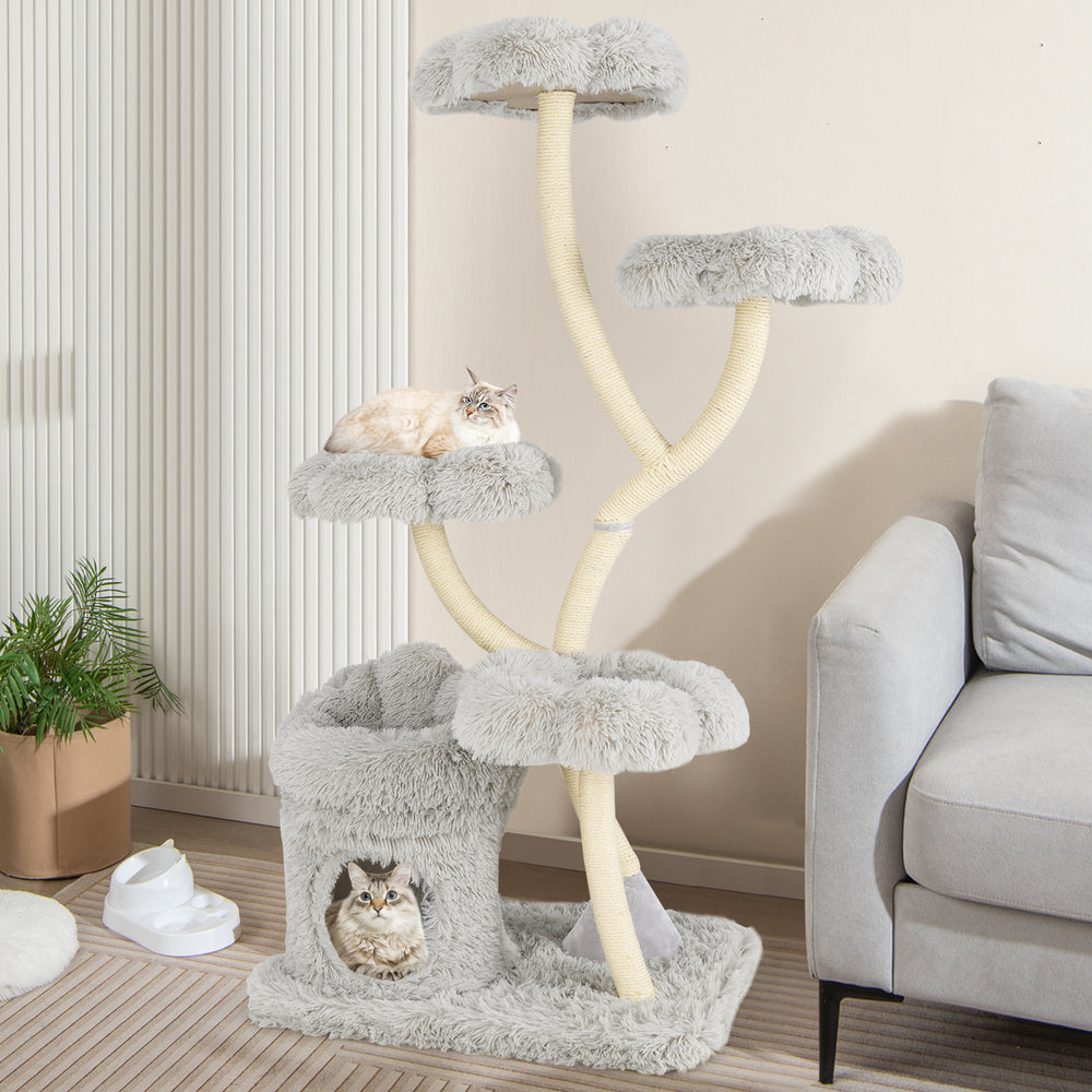 Freestanding Cat Tower with four Flower-shaped Platforms and Sisal Scratching Posts-Gray - Gallery View 1 of 10