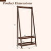 Freestanding clothes rack in walnut with 3 hooks and 2 shelves, featuring a stable A-shaped frame for entryway use.