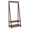 Freestanding clothes rack in walnut with 3 hooks and 2 shelves, ideal for entryway or bedroom storage.
