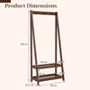 Freestanding clothes rack in walnut with 3 hooks and 2 shelves, featuring a sturdy A-shaped frame for stability.