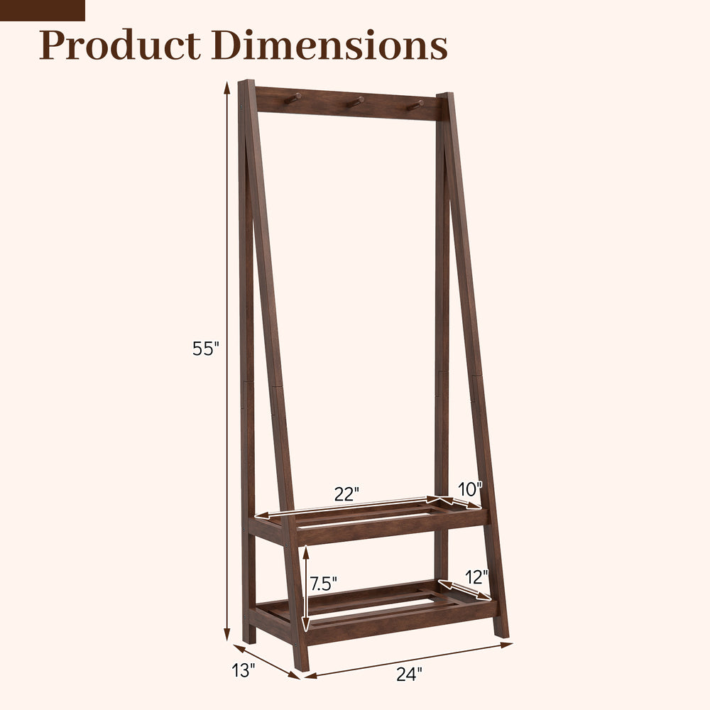 Freestanding clothes rack in walnut with 3 hooks and 2 shelves, featuring an A-shaped frame for stability and rustic.