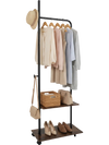 Freestanding clothing rack in rustic brown with wheels, featuring hanging rod, side hooks, and storage shelves for.